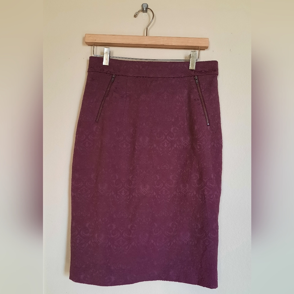 Downeast Rich Burgundy Tapestry Brocade Pencil Skirt Office Career Church